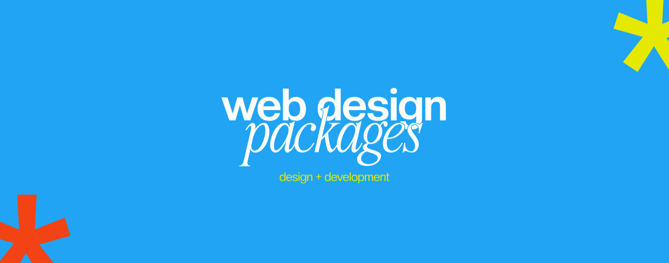 Text 'web design packages' on a blue background with colorful asterisks.